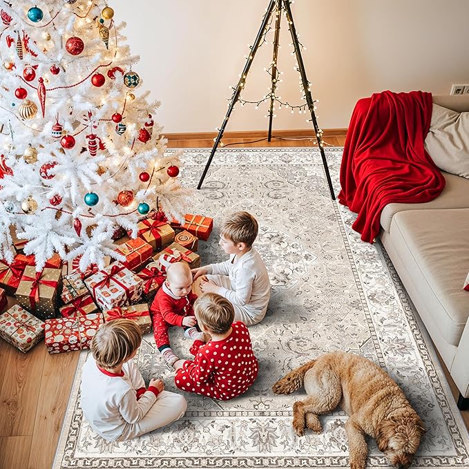 Living Room 4x6 Area Rugs: Vintage Farmhouse Washable Non-Slip Rug for Bedroom Dining Room Ultra Thin Soft Carpet for Nursery Kitchen Durable Low-Pile Neutral Floor Mat for Pet Owners(4x6 Beige)