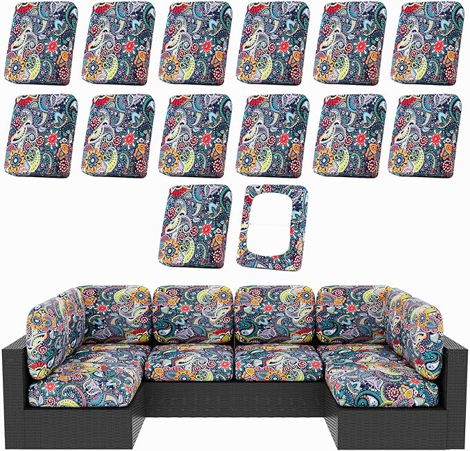 hyha 14Pcs Patio Cushion Covers, Stretch Outdoor Couch Cushion Covers Replacement, Washable Outdoor Chair/Sofa Slipcovers for Patio Furniture Cushions Protector with Elastic Bottom(Paisley,Cover Only)