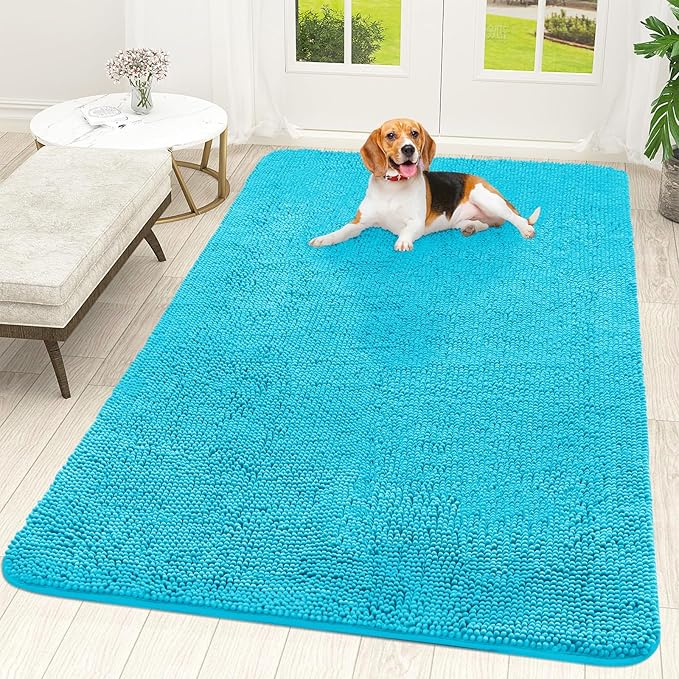 OLANLY Dog Door Mat for Muddy Paws 70x46, Absorbs Moisture and Dirt, Absorbent Non-Slip Washable Doormat, Quick Dry Chenille Mud Mat for Dogs, Entry Indoor Entryway Carpet for Inside Floor, Aqua Blue
