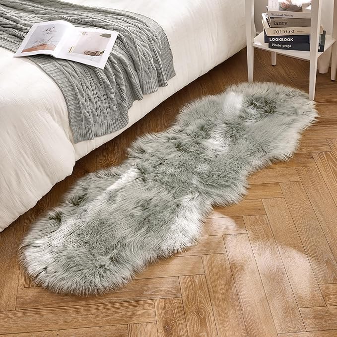 MIULEE Luxury Super Soft Fluffy Area Rug Faux Fur Sheepskin Rug Decorative Plush Shaggy Carpet for Bedside Sofa Floor Nursery 2 x 6 Feet, Light Grey