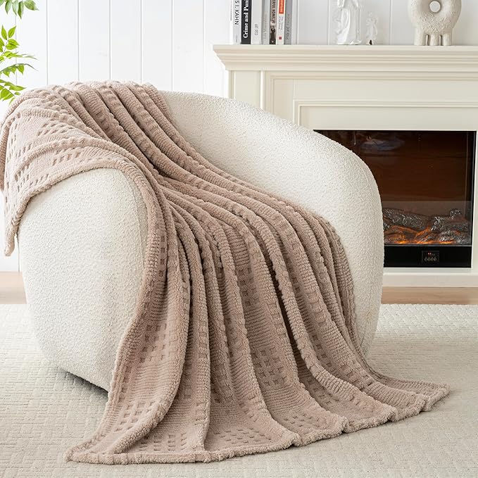 50x70 Inch Waffle Brown Throw Blanket -Fluffy Fleece, Neutral Tan Color, Cute & Aesthetic, Perfect for Sofa, Couch, Chair, Bed, Living Room & Bedroom, All-Season Use, Plush & Cozy Decorative Blanket
