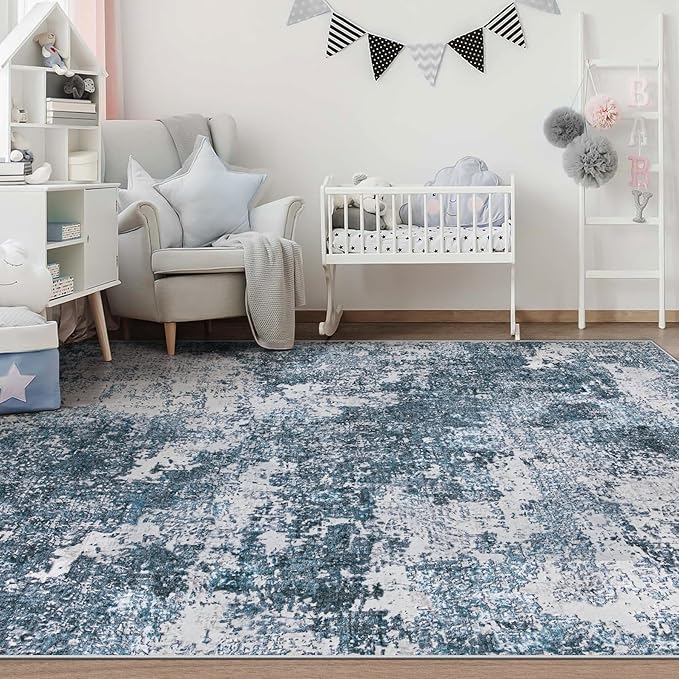 Area Rugs 6x9 for Living Room: Washable Rug Modern Abstract Neutral Soft Non-Slip Low-Pile Indoor Carpet for Bedroom Dining Room Playroom Home Office (Blue Grey, 6'x9')