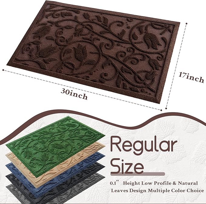 ViveNest Boho Coffee Brown Floral Leaves Outdoor Indoor Entrance Doormats, Absorbent Durable Heavy Duty Welcome Front Door Mat,Thick Natural Rubber Back,Easy Clean Entryway Mat 17x30 Inch, Low Profile