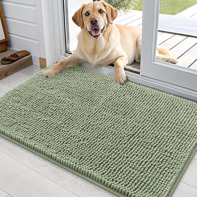 OLANLY Dog Door Mat for Muddy Paws 35x24, Absorbs Moisture and Dirt, Absorbent Non-Slip Washable Doormat, Quick Dry Chenille Mud Mat for Dogs, Entry Indoor Entryway Carpet for Inside Floor, Sage Green