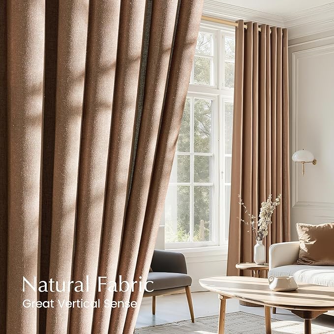 NICETOWN Linen Gold Brown Curtains for Living Room, Rustic Grommet Semi Sheer Linen Blend Privacy Assured with Light Filtering for Living Room/Bedroom, W55 x L96, 2 Panels