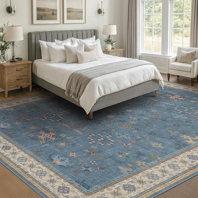 Hazo Haus Boho 7x10 Accent Area Rugs for Living Room - Dusky Blue Rug for Bedroom Under Bed, Dining Room Under Kitchen Table, Washable Soft Non Slip Unique Colorful Indoor Décor