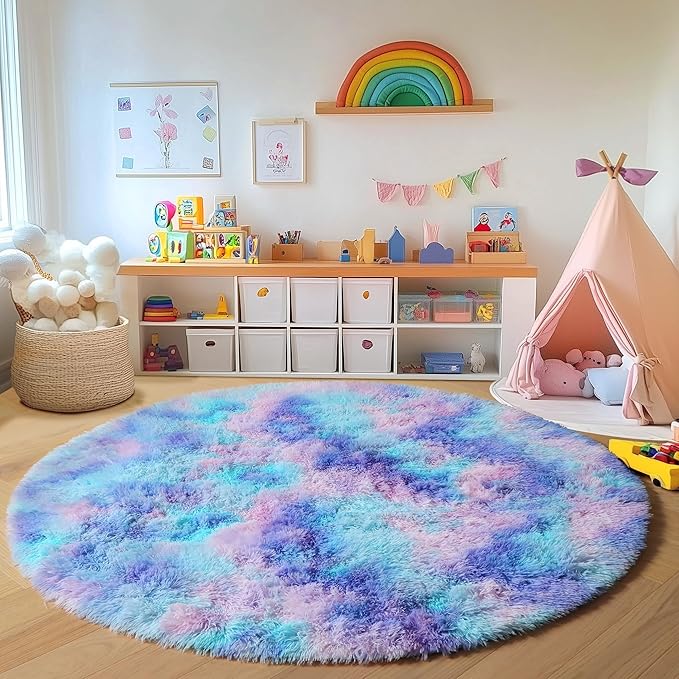 ONASAR Rainbow Round Area Rugs 6ft, Fluffy Soft Bedroom Circle Rug for Kids Girls Boys Teen Room, Plush Shaggy Floor Carpet Mats for Dorm Nursery Living Room Playroom Home Decor Aesthetic
