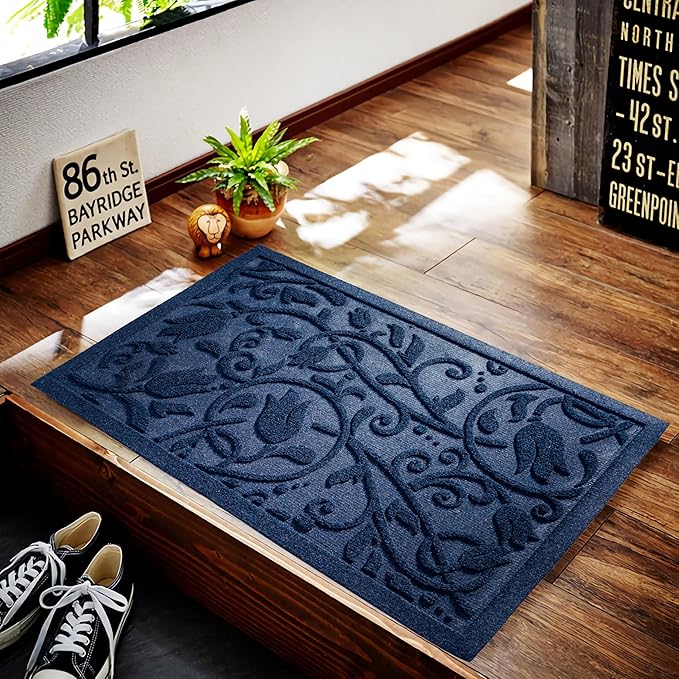 Boho Blue Floral Leaves Outdoor Indoor Entrance Doormats, Absorbent Durable Heavy Duty Welcome Front Door Mat,Thick Natural Rubber Back,Easy Clean Entryway Mat 17x30 Inch, Low Profile