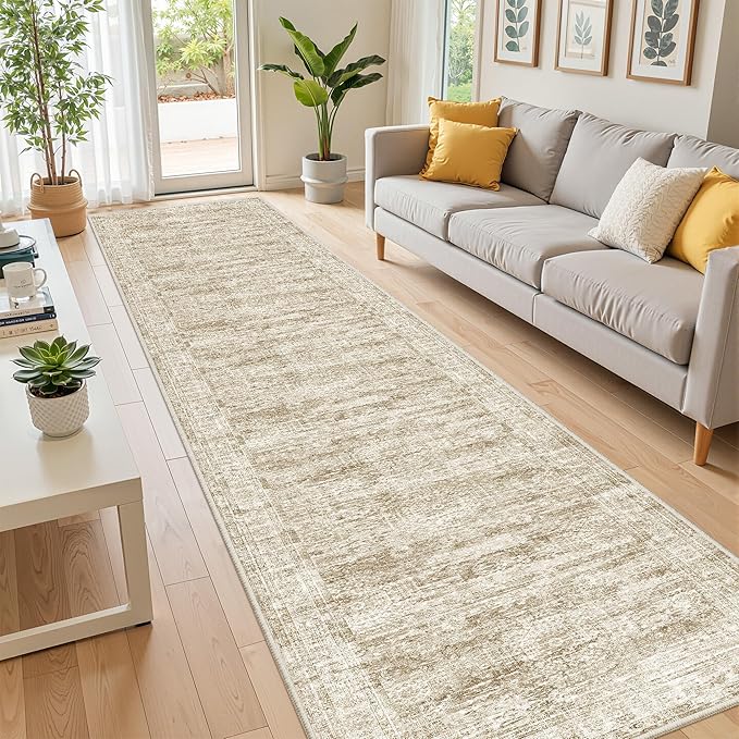 Long Bathroom Rugs Runner - Washable Runner Rugs for Hallway 2x10, Ultra-Thin Soft Kitchen Carpet Runner, Anti Slip Backing Runner Rugs for Entrance, Bedroom, Living Room(2'x10', Brown/Ivory)