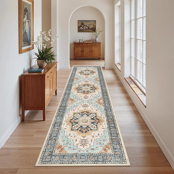 Madane Runner Rug 2x8, Washable Hallway Runner Rugs, Non-Slip Low-Pile Soft Kitchen Rug Runner Laundry Room Rug, Vintage Throw Entry Foyer Mat for Entrance Living Room (Orange/Blue, 2 x 8)