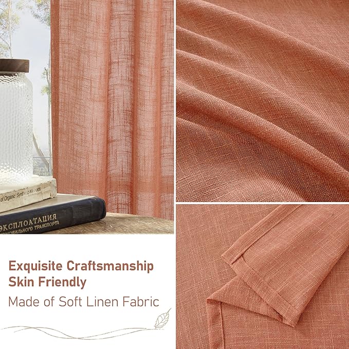 LAMIT Linen Semi Sheer Curtains 96 inches Long 2 Panels Set, Light Filtering Panels Back Tab and Rod Pocket Floor to Ceiling Curtains for Bedroom/Living Room, Terracotta, 52 x 96 Inch