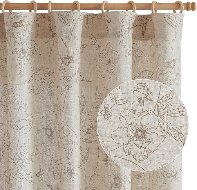 jinchan Linen Floral Curtains for Living Room 84 Inch Length Taupe Flower Curtain Rod Pocket Back Tab Farmhouse Curtains with Printed Floral Bedroom Window Curtain Set, 2 Panels Taupe