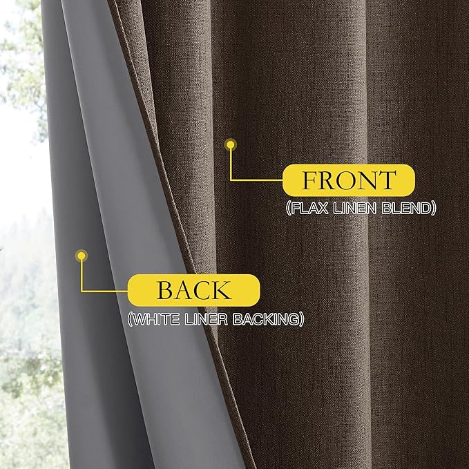 NICETOWN Coffee Vintage Linen 100% Blackout Curtains for Kitchen, Thermal Insulated Curtains 63" Long, Noise Reducing Window Treatment Drapes for Dorm Room, 62" Wide Per Panel, Set of 2