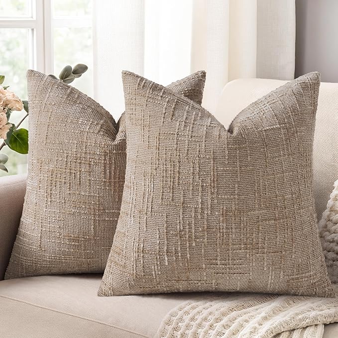 decorUhome Oatmeal Chenille Euro Sham Throw Pillow Covers 24x24 Set of 2 Textured Soft Cozy Slubby Couch Pillow Covers Modern Farmhouse Boho Decorative Pillow Cases for Bed Sofa Living Room