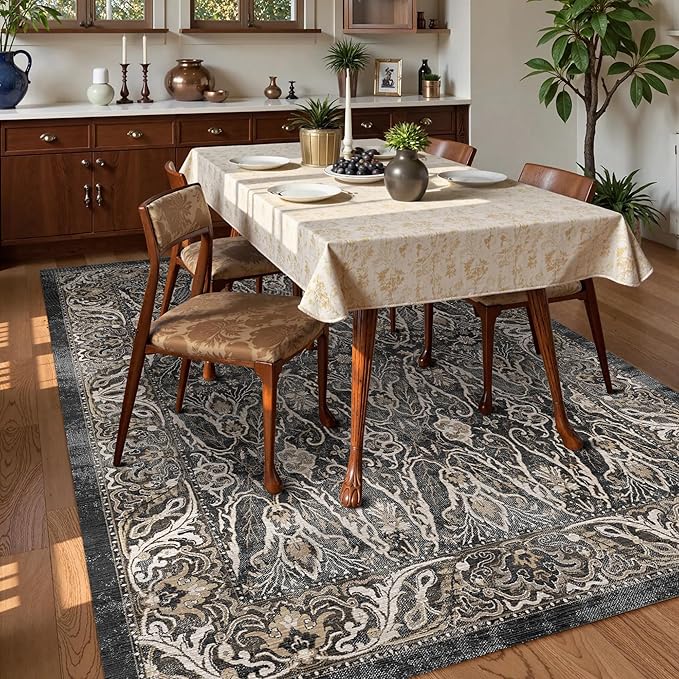 Washable Area Rug 4' x 6' Vintage Traditional Persian Mat - Foldable Distressed Non-Slip Machine Washable Carpet for Living Room Bedroom Kitchen Home Decor - Ebony and Taupe