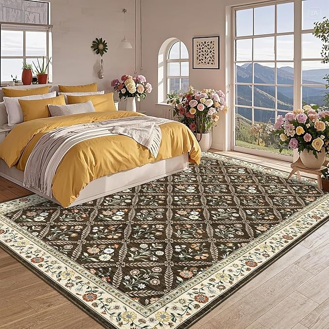 GarveeHome Living Room Rug 5x7 Rug Machine Washable Stain Resistant Area Rug Non Slip Floral Vintage Low Pile Rugs for Living Room, Bedroom, Farmhouse, Dining Room, Kids PlayroomBrown Natural