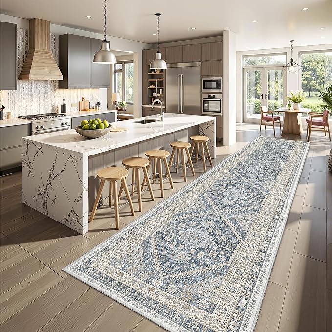 Hallway Runner Rug 2x12, Extra Long Washable Runner Rugs with Rubber Backing, Non Slip Runner, Vintage Rug Runners for Kitchen Laundry Room Entryway (Blue/Beige,2'x12')