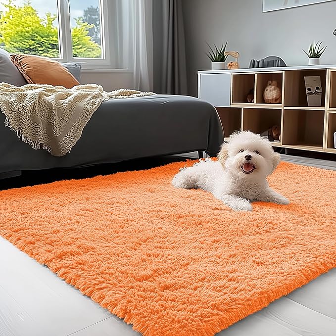 OLANLY 3x5 Machine Washable Small Bedside Rug, Soft Fluffy Shaggy Rugs for Living Room, Bedroom, Indoor Floor Carpet for Kids Girls and Boys, Preppy Dorms, Nursery, Home Decor Aesthetic, Orange