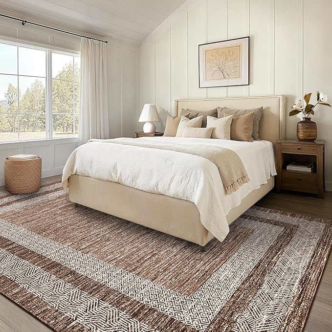 GarveeHome Area Rug 8x10 Modern Geometric Living Room Rug Non Slip, Thin Washable Carpet, Soft Non Shedding Foldable Floor Covering, Low Pile Thin Printed Mats for Bedroom Office, Brown