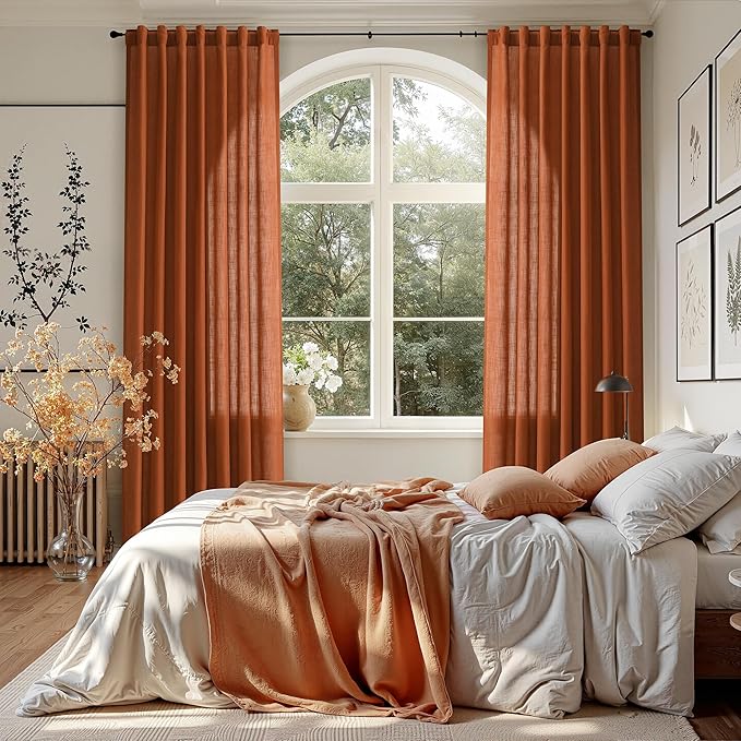 Rust Linen Curtains 108 Inches Long for Living Room Light Filtering Semi Sheer Curtain Back Tab Vintage Rustic Decor Extra Long Floor to Ceiling High Window for Bedroom Office 52x108, 2 Panels