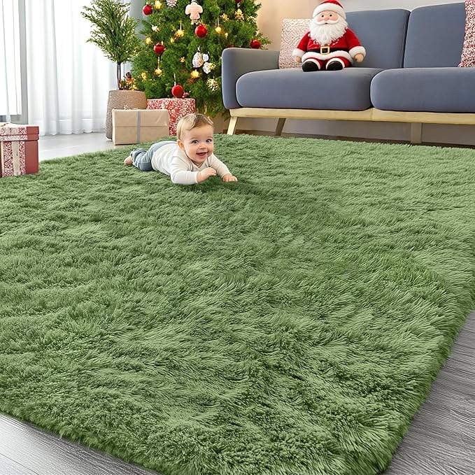 OLANLY 9x12 Machine Washable Large Area Rugs for Living Room, Bedroom, Soft Fluffy Shaggy Bedside Rug, Indoor Floor Carpet for Kids Girls and Boys, Dorms, Nursery, Home Decor Aesthetic, Green