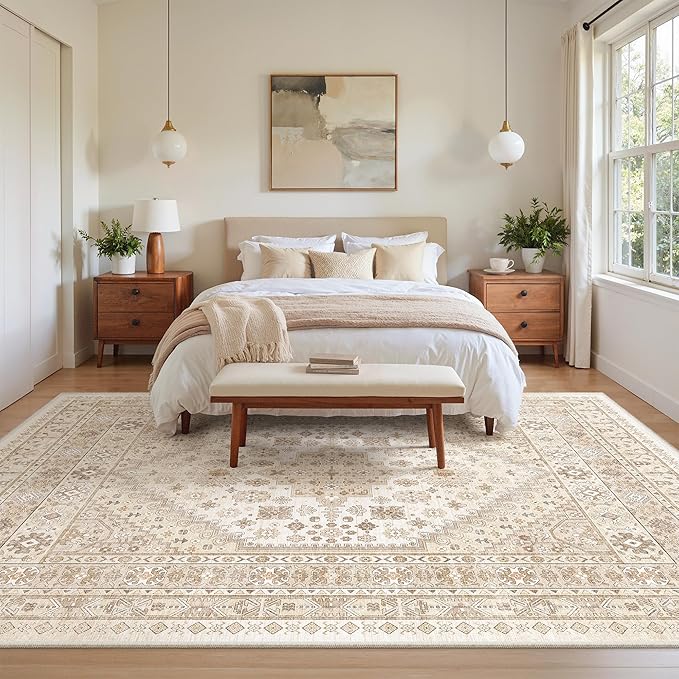 zesthome 7x9 Area Rug, Super Soft Washable Rugs for Living Room, Non-Slip Stain Resistant Vintage Rugs, Ultra-Thin Large Area Rugs (Cream/Beige,7'x9')