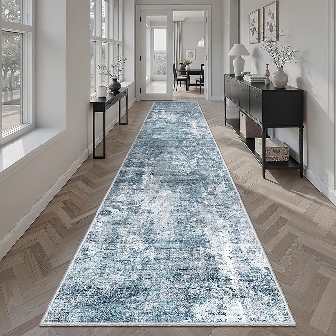 Runner Rug 2'x10' Abstract Washable Non-Slip Runner Rugs for Kitchen Bathroom Laundry Room Blue Vintage Floor Carpet Runners for Hallway Entryway