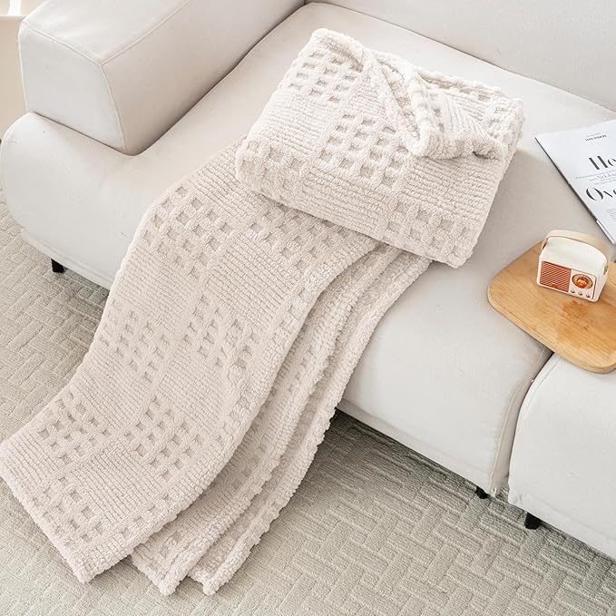 50x70 Inch Waffle Beige Throw Blanket -Fluffy Fleece, Neutral Tan Color, Cute & Aesthetic, Perfect for Sofa, Couch, Chair, Bed, Living Room & Bedroom, All-Season Use, Plush & Cozy Decorative Blanket