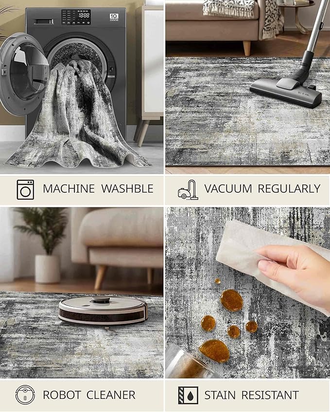 Latte&Fog 6x9 Area Rugs for Living Room Bedroom, Black Modern Abstract Neutral Washable Rug, Boho Non Slip Low Pile Carpet for Dining Room, Dorm,Classroom,College Dorm and Farmhouse - Black Gold