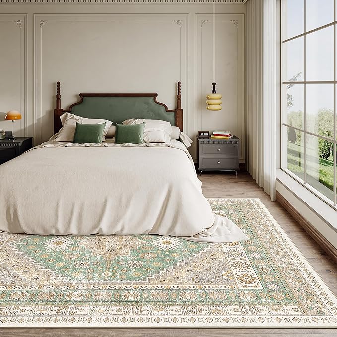 zesthome 6x9 Area Rug, Super Soft Washable Rugs for Living Room, Non-Slip Stain Resistant Vintage Rugs, Ultra-Thin Large Area Rugs (Green/Brown,6'x9')