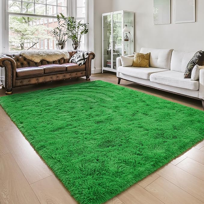 Amearea Premium Soft Fluffy Rug Modern Shag Carpet, Fuzzy Shaggy Rugs for Bedroom Living Room Teen Apartment Decor, Comfortable Indoor Furry Dorm Carpets, Green 5x7.5 Feet