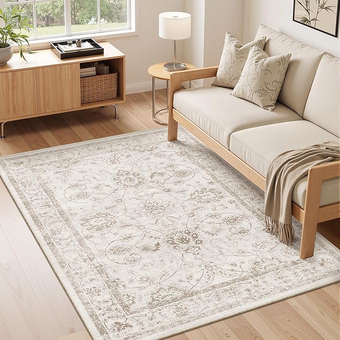 Madane Washable Area Rug 4x6, Low Pile Stain Resistant Vintage Area Rugs, Non Slip Accent Rug Floral Print Indoor Mat for Living Room Kitchen Bedroom, Brown/Ivory