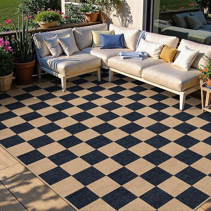 Lahome Colette Checkered Easy Jute Carpet, Washable Area Rug 6x9 Neutral Outdoor Patio Rug, Farmhouse Checkerboard Non Slip Non Shedding Floor Carpet for Dining Living Room Deck Sunroom