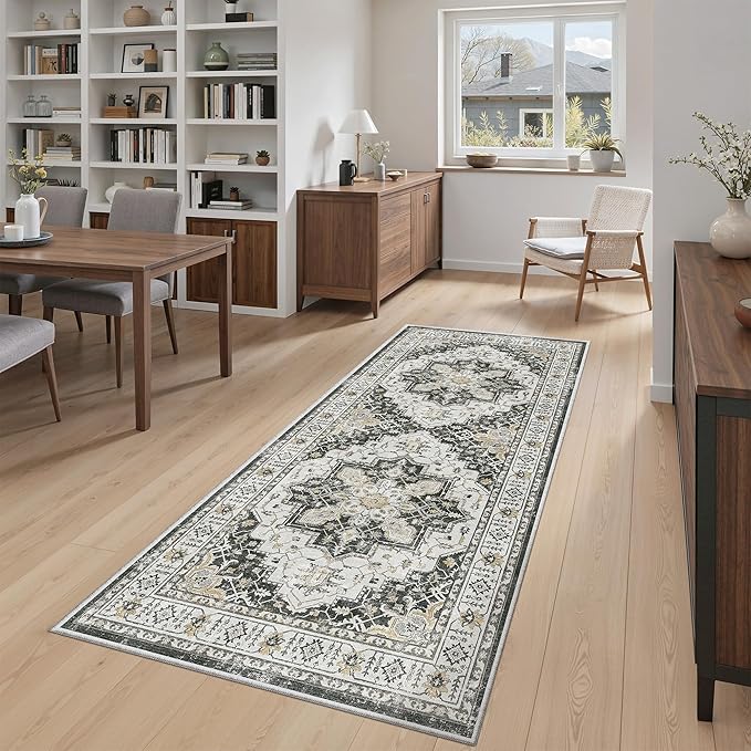 Madane Hallway Runner Rug 3x6 - Washable Kitchen Rugs Entryway Rug Runner Vintage Soft Floor Mat Non Slip Indoor Farmhouse Carpet for Bathroom Living Room Bedroom (3 X 6, Black)