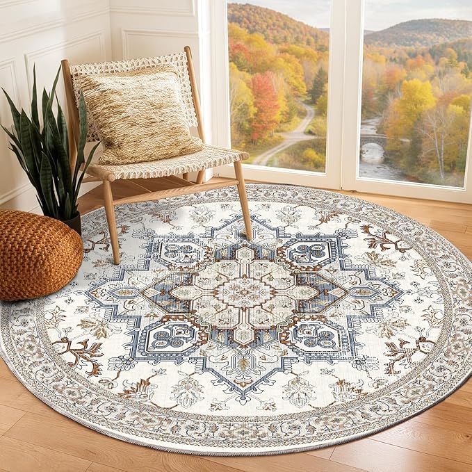 OPPODREAM Soft Round Rug 5ft, Neutral Washable Circle Rug 5ft with Non Slip Backing Play Room, Low-Pile Carpet 5 ft, Faux Cashmere Throw Carpet, Cream White & Blue & Light Brown