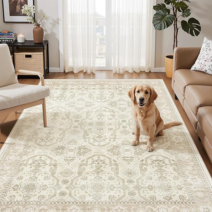 Soalmost 4x6 Area Rugs for Living Room, Vintage Washable Rugs for Dining Room, Bedroom, Home Office Decor, Non-Slip Beige/Brown Carpet Thin Rug