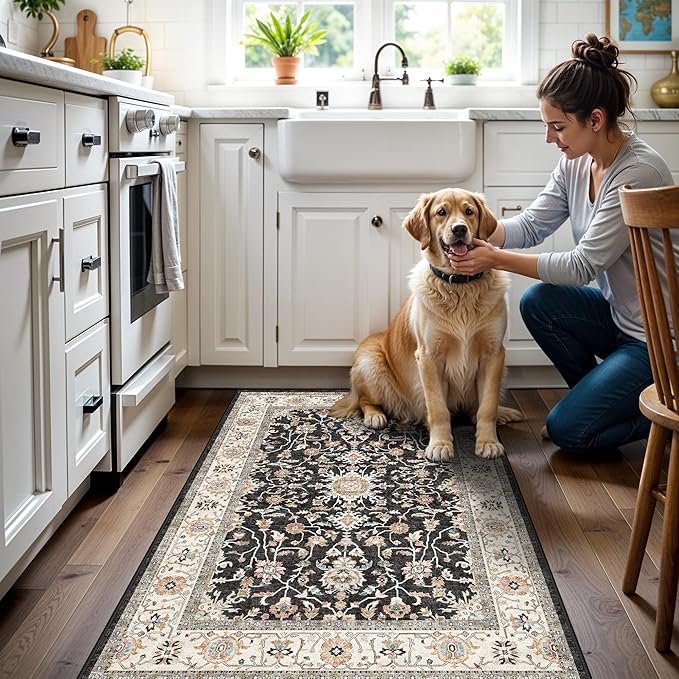 Washable 3x4 Entryway Runner Rug - Non-Slip Rugs for Kitchen Bedroom Beside Laundry Room Hallway Bathroom Soft Low-Pile Stain Resistant Pet & Kids Friendly Floor Carpet (Black, 3X4)