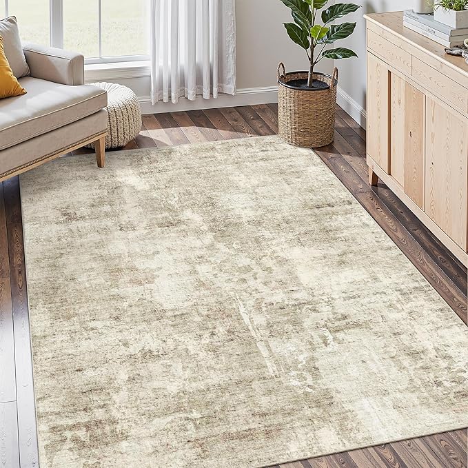 6x9 Abstract Area Rugs for Living Room 6 x 9 Washable Non Slip Low Pile Gray Rugs for Bedroom Dining Room Foldable Thin Beige Gray