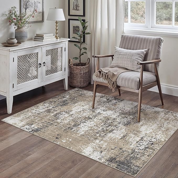 3x5 Abstract Area Rug Brown Washable Modern Neutral Office Carpet Non Slip Ultra Soft Indoor Entry Low Pile Small Door Mat Bedroom Contemporary Throw Rug for Kitchen Laundry Dinging Room