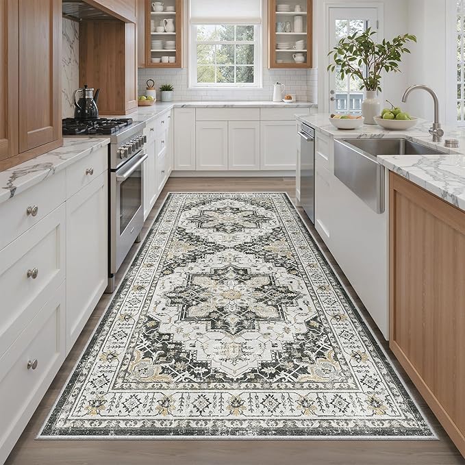 Madane Hallway Runner Rug 4x8 Wide: Washable Thin Runners for Hallways Entry, Non Slip Soft Vintage Kitchen Rugs Low Pile Carpet Runners for Living Room Bedroom Dining Room Foyer (Black, 4x8)