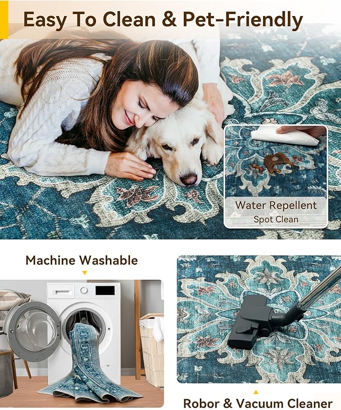 RELEANY Area Rugs 6'x8' Washable Non-Slip, Floral Vintage Distress Print Pattern Medallion Carpet for Living Room Bedroom Dining Room, Teal Green Lake Blue Turquoise