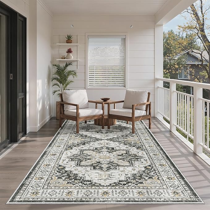 Madane Hallway Runner Rug 4x8 Wide: Washable Thin Runners for Hallways Entry, Non Slip Soft Vintage Kitchen Rugs Low Pile Carpet Runners for Living Room Bedroom Dining Room Foyer (Black, 4x8)