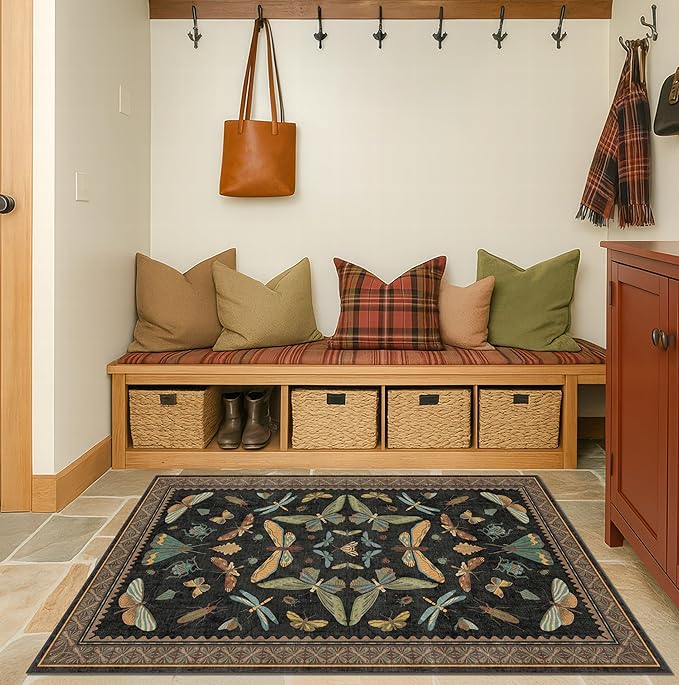 Hazo Haus Black Front Door Mat Indoor Entrance Non Slip Washable - 3x4 Throw Rug for Kitchen, Mudroom, Bedroom Bedside, Insect Boho Vintage Aesthetic Décor