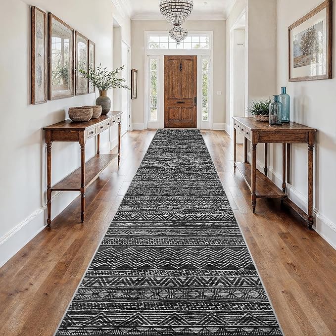 3x18 Washable Kitchen Runner Rug: Modern Moroccan Runners for Hallway Soft Non Slip Rugs with Rubber Backing Low Pile Thin Waterproof Floor Carpet for Entryway Bedroom Bathroom Indoor 3x18 Black