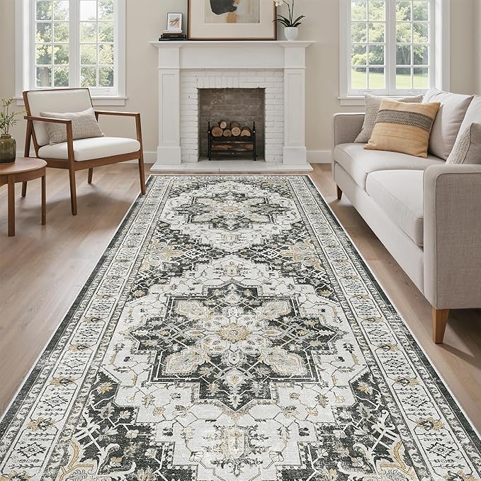 Madane 4x12 Wide Hallway Runners: Washable Runner Rug for Entryway Living Room Soft Vintage Non Slip Carpet Runner for Kitchen Dining Room Nursery Bedroom Thin Area Rug (Black,4x12ft)