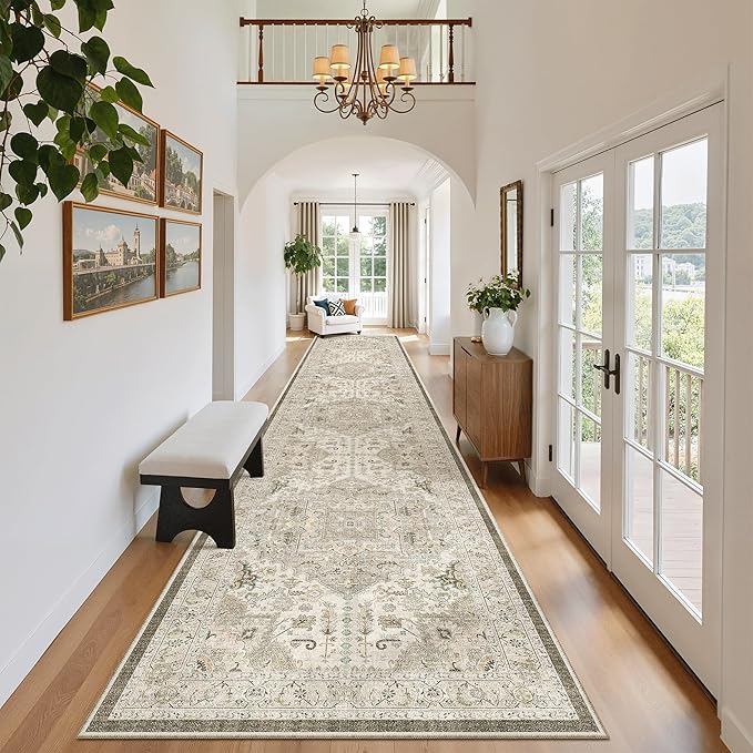 Madane Hallway Runner Rug 2'6''x16' Kitchen Runner - Non Slip Vintage Runners for Hallways Washable Kitchen Rugs Soft Low Pile 2.5x16 ft Rug Runner for Laundry Room, Entryway and Bedroom, Ivory/Brown