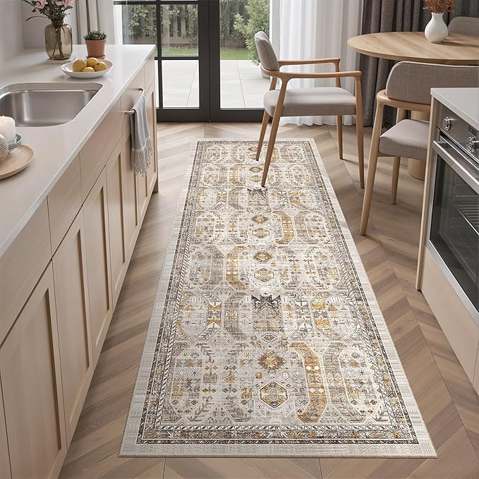 Madane Hallway Runner Rug - 2x5 Rug Runner Washable Runner Rugs Non-Slip Low-Pile Kitchen Runner Rug Laundry Room Rug Throw Carpet for Entrance Bedroom Living Room (2'x5', Brown/Gold)