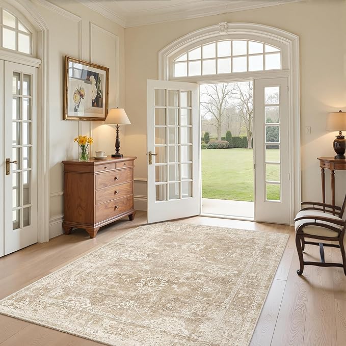 Madane Washable Area Rug 4x6, Low Pile Stain Resistant Vintage Area Rugs, Non Slip Accent Rug Floral Print Indoor Mat for Entryway Living Room Kitchen Bedroom, Beige/Brown
