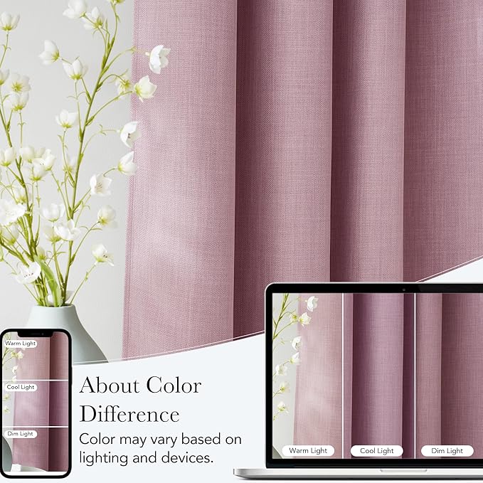 NICETOWN Short Faux Linen Pink Blackout Curtains 63 inches Long for Kitchen - Privacy Panels for Living Room Bedroom, Modern Farmhouse Style Easy Care Grommet Top, 2 Panels, W42 by L63