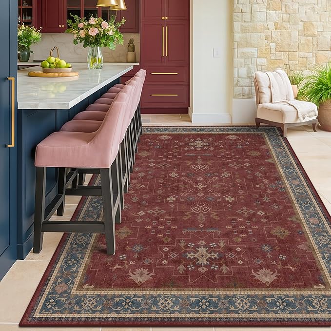 5x8 Boho Dark Red Rug for Living Room - Vintage Oriental Revival Low-Pile Carpet for Bedroom, Dining Table, Machine Washable Area Rug Non-Slip with Rubber Back